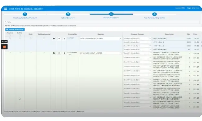 The Cosmic Bills review screen: a list of supplier bills with expense accounts, quantities and prices ready to approve