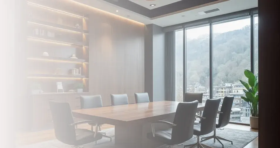 A meeting room with a long timber table and a view over the city
