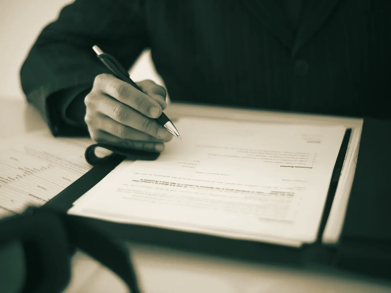 A hand signing an engagement letter at a desk.