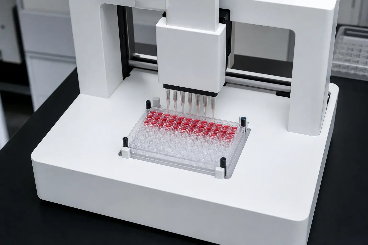 A compact white bench robot paused over a 96-well plate, the top rows filled with vermilion liquid.