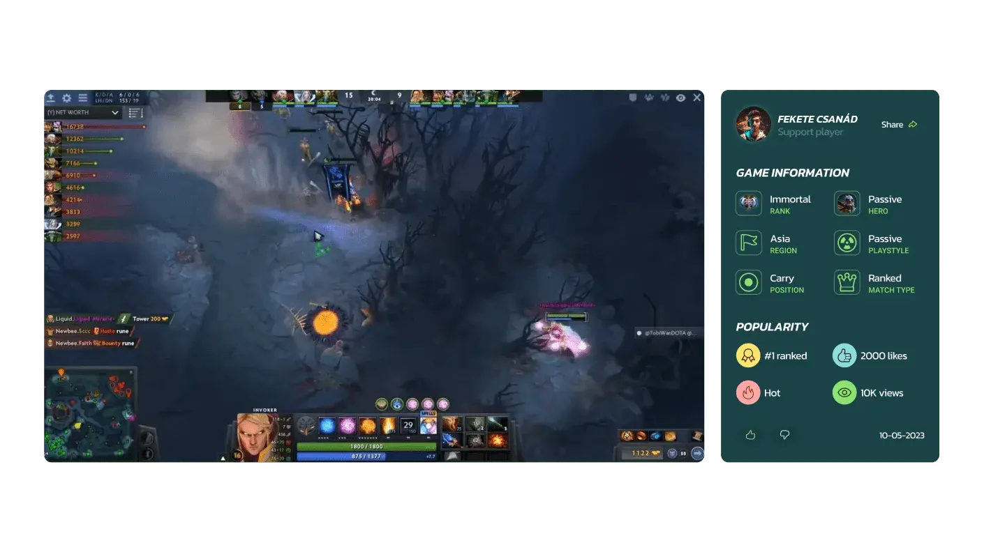 A Dota 2 teamfight beside the in-client panel showing the match and the player's stats.