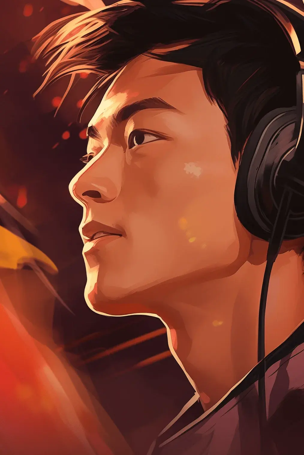 Illustrated portrait of a player in headphones, lit by their screen.