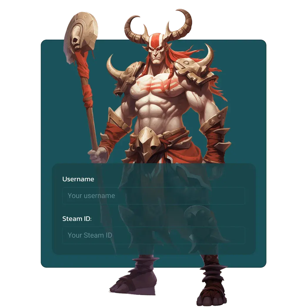 A horned warrior standing beside the account sign-up card, with fields for a username and a Steam ID.