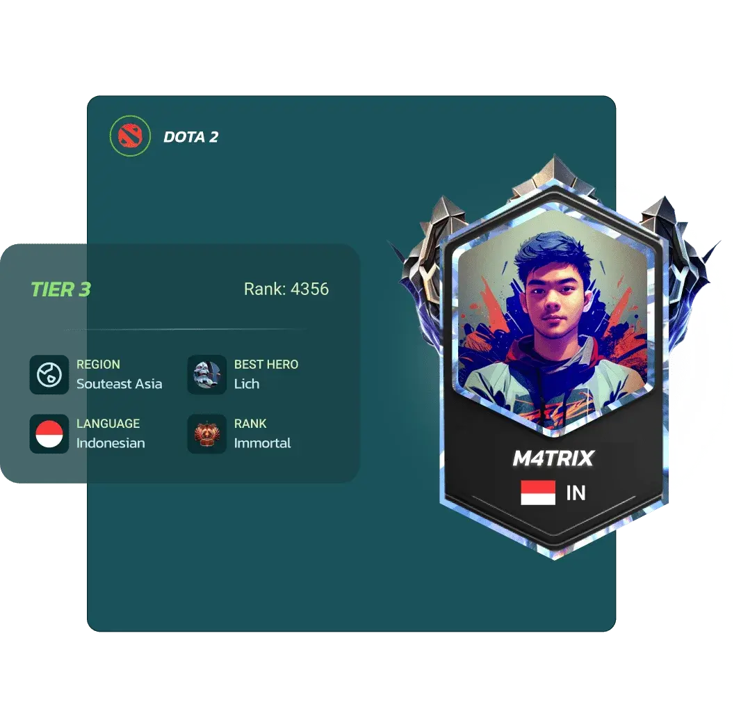 A hexagonal player card for M4TRIX beside a panel showing tier, rank, region, role and language.