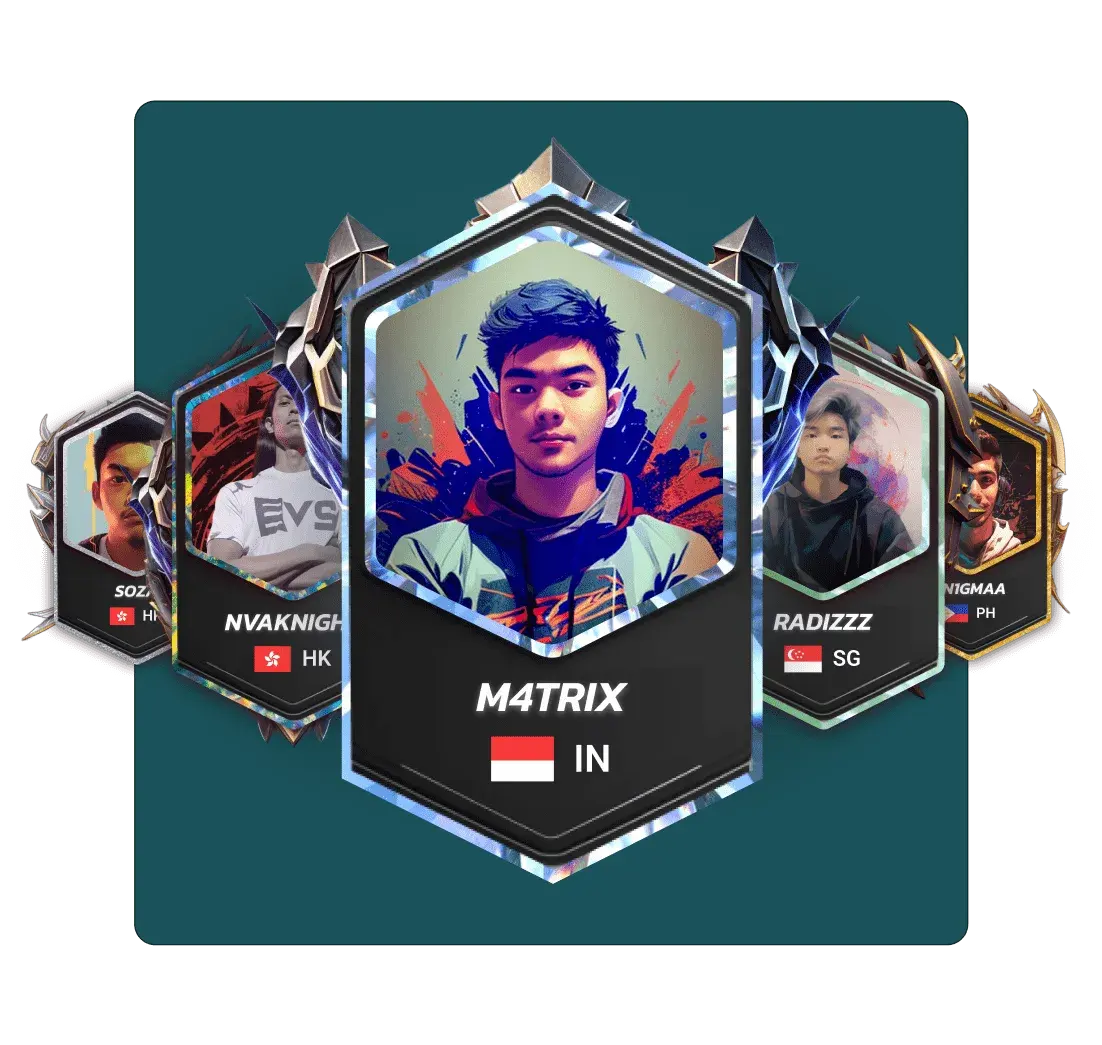 Five overlapping hexagonal player cards, a full roster side by side.