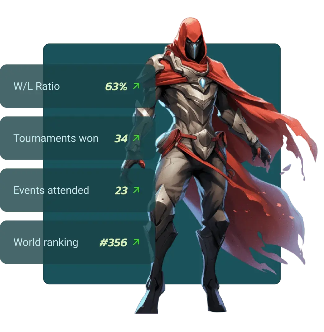 A hooded knight beside four statistic rows: win/loss ratio, tournaments won, events attended and world ranking.