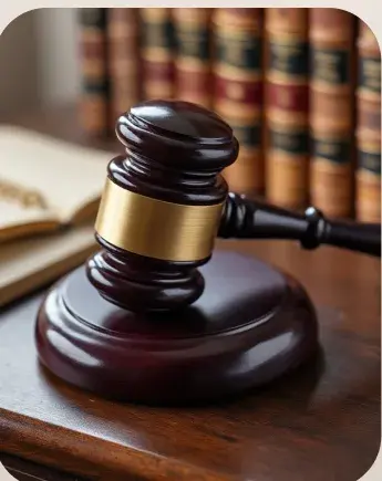 A gavel resting on a desk in front of bound law reports.